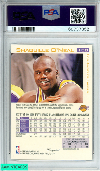 1997 FLEER SHAQUILLE O NEAL #100 CRYSTAL LOS ANGELES LAKERS HOF PSA 9 MINT 60737352