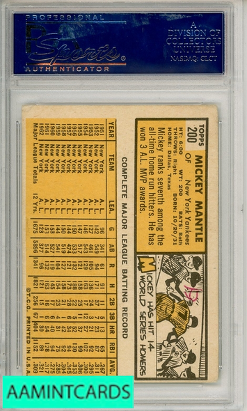 1963 TOPPS MICKEY MANTLE #200 PSA 3 VG (MK) 16832405