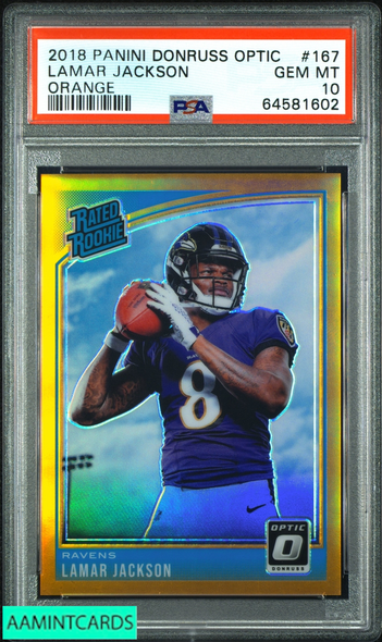 2018 PANINI DONRUSS OPTIC LAMAR JACKSON #167 ORANGE 171 OF 199 ROOKIE RC PSA 10 64581602