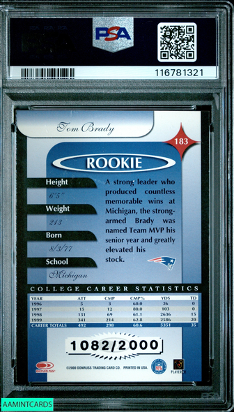 2000 DONRUSS ELITE TOM BRADY #183 1082 OF 2000 ROOKIE RC PATRIOTS PSA 8 NM-MT 116781321