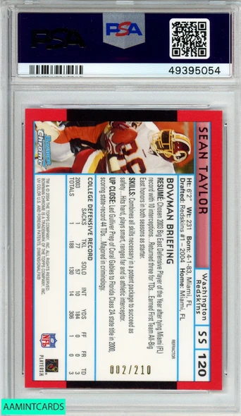 2004 BOWMAN CHROME SEAN TAYLOR #120 RED REFRACTOR ROOKIE RC 2 OF 210 PSA 9 MINT 49395054