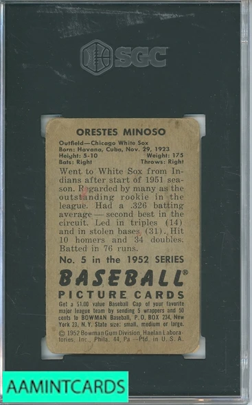 1952 BOWMAN ORESTES MINOSO #5 SGC 2 6725169