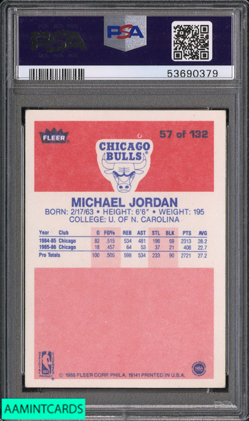 1986 FLEER MICHAEL JORDAN #57 ROOKIE RC CHICAGO BULLS HOF PSA 2 GOOD 53690379