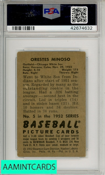 1952 BOWMAN ORESTES MINOSO #5 PSA 3 VG 42674632