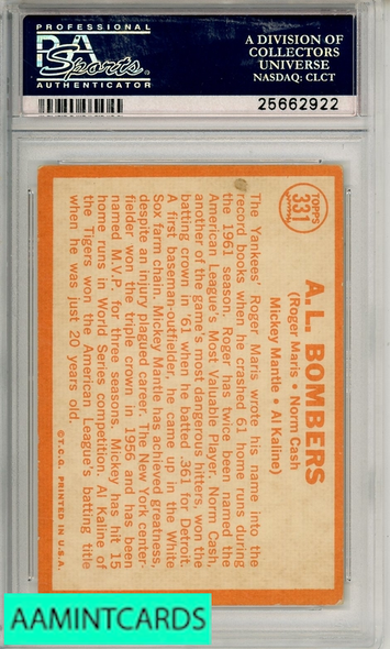 1964 TOPPS A L  BOMBERS #331 MARIS CASH MANTLE KALINE PSA 4 VG-EX 25662922