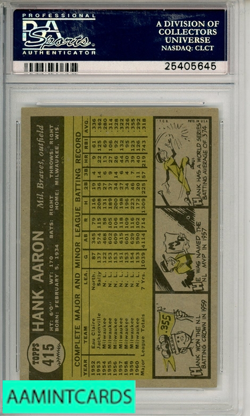 1961 TOPPS HANK AARON #415 PSA 3 VG 25405645