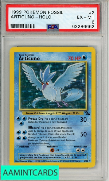 1999 POKEMON FOSSIL ARTICUNO-HOLO #2 PSA 6 EX-MT 62286662