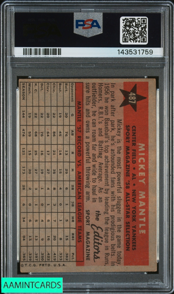 1958 TOPPS MICKEY MANTLE #487 ALL STAR YANKEES HOF PSA 3 VG 143531759
