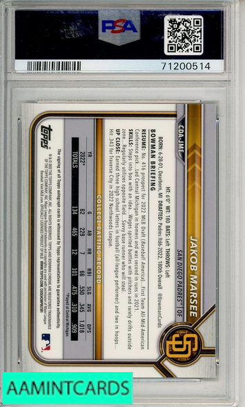 2022 BOWMAN DRAFT CHR DRFT PICK AUTOS JAKOB MARSEE #CDAJME GOLD WAVE PSA 10 71200514