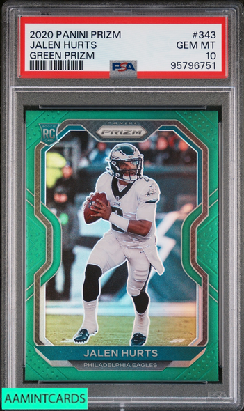 2020 PANINI PRIZM JALEN HURTS #343 GREEN PRIZM ROOKIE RC PSA 10 GEM MT 95796751
