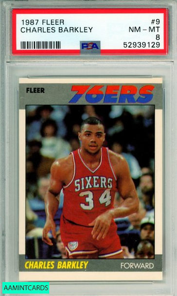 1987 FLEER CHARLES BARKLEY #9 HOF PHILADELPHIA 76ERS PSA 8 NM-MT 52939129 1987 FLEER CHARLES BARKLEY #9 HOF PHILADELPHIA 76ERS PSA 8 NM-MT 52939129