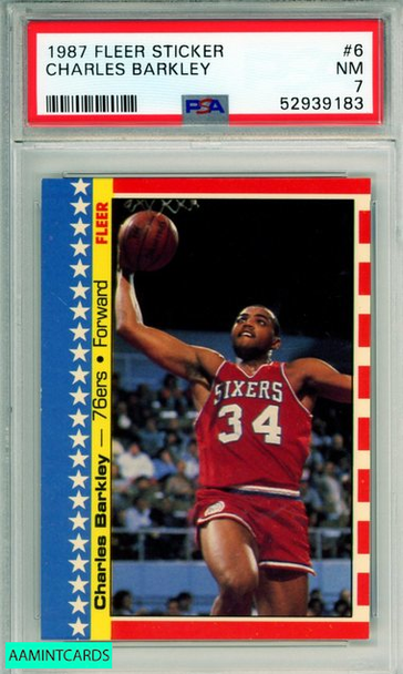 1987 FLEER STICKER CHARLES BARKLEY #6 HOF PHILADELPHIA 76ERS PSA 7 NM 52939183 1987 FLEER STICKER CHARLES BARKLEY #6 HOF PHILADELPHIA 76ERS PSA 7 NM 52939183