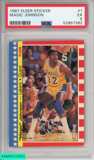 1987 FLEER STICKER MAGIC JOHNSON #1 HOF LOS ANGELES LAKERS PSA 5 EX 52867382 1987 FLEER STICKER MAGIC JOHNSON #1 HOF LOS ANGELES LAKERS PSA 5 EX 52867382