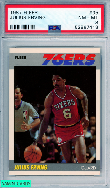 1987 FLEER JULIUS ERVING #35 HOF PHILADELPHIA 76ERS PSA 8 NM-MT 52867413 1987 FLEER JULIUS ERVING #35 HOF PHILADELPHIA 76ERS PSA 8 NM-MT 52867413