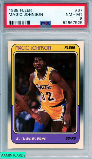 1988 FLEER MAGIC JOHNSON #67 HOF LOS ANGELES LAKERS PSA 8 NM-MT 52867525 1988 FLEER MAGIC JOHNSON #67 HOF LOS ANGELES LAKERS PSA 8 NM-MT 52867525