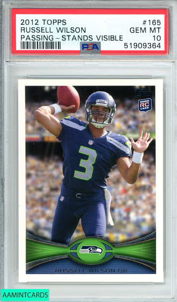 2012 TOPPS RUSSELL WILSON #165 PASSING-STANDS VISIBLE RC SEAHAWKS PSA 10 GEM MT 51909364 2012 TOPPS RUSSELL WILSON #165 PASSING-STANDS VISIBLE RC SEAHAWKS PSA 10 GEM MT 51909364