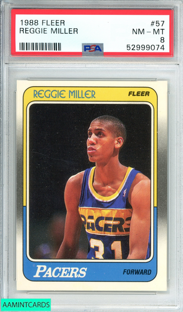 1988 FLEER REGGIE MILLER #57 INDIANA PACERS HOF ROOKIE RC PSA 8 NM-MT 52999074 1988 FLEER REGGIE MILLER #57 INDIANA PACERS HOF ROOKIE RC PSA 8 NM-MT 52999074