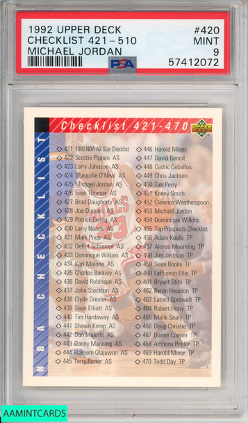 1992 UPPER DECK CHECKLIST 421-510 #420 MICHAEL JORDAN HOF BULLS PSA 9 MINT 57412072