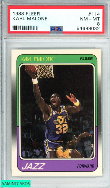 1988 FLEER KARL MALONE #114 UTAH JAZZ HOF PSA 8 NM-MT 54699032 1988 FLEER KARL MALONE #114 UTAH JAZZ HOF PSA 8 NM-MT 54699032