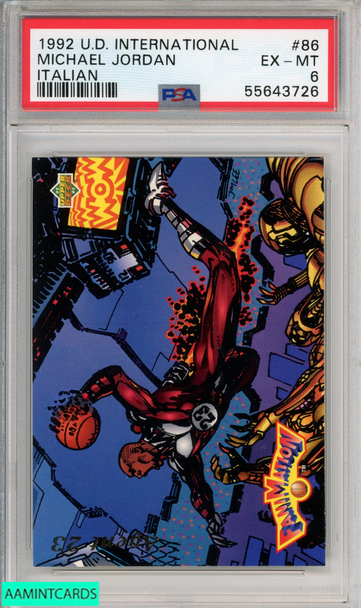 1992 UPPER DECK INTERNATIONAL MICHAEL JORDAN #86 ITALIAN HOF PSA 6 EX-MT 55643726 1992 UPPER DECK INTERNATIONAL MICHAEL JORDAN #86 ITALIAN HOF PSA 6 EX-MT 55643726