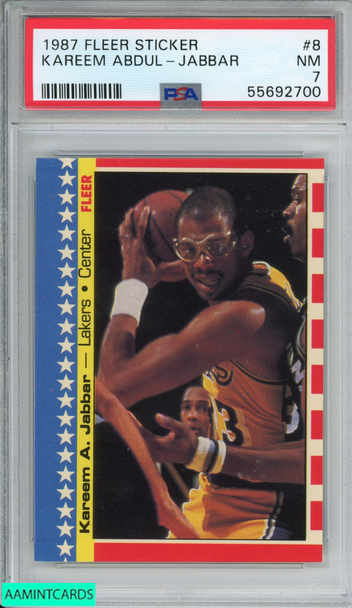 1987 FLEER STICKER KAREEM ABDUL-JABBAR #8 LOS ANGELES LAKERS HOF PSA 7 NM 55692700 1987 FLEER STICKER KAREEM ABDUL-JABBAR #8 LOS ANGELES LAKERS HOF PSA 7 NM 55692700
