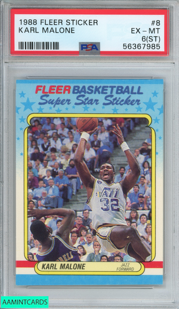 1988 FLEER STICKER KARL MALONE #8 UTAH JAZZ HOF PSA 6 EX-MT (ST) 56367985 1988 FLEER STICKER KARL MALONE #8 UTAH JAZZ HOF PSA 6 EX-MT (ST) 56367985