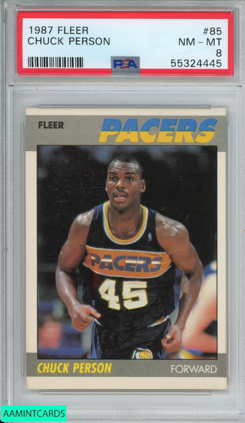 1987 FLEER CHUCK PERSON #85 ROOKIE RC INDIANA PACERS PSA 8 NM-MT 55324445 1987 FLEER CHUCK PERSON #85 ROOKIE RC INDIANA PACERS PSA 8 NM-MT 55324445
