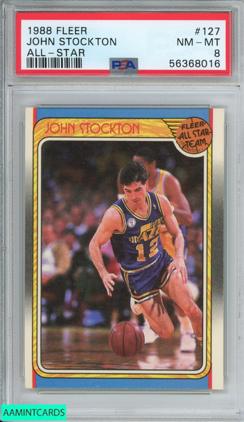 1988 FLEER JOHN STOCKTON #127 ALL-STAR ROOKIE RC UTAH JAZZ HOF PSA 8 NM-MT 56368016 1988 FLEER JOHN STOCKTON #127 ALL-STAR ROOKIE RC UTAH JAZZ HOF PSA 8 NM-MT 56368016