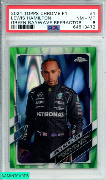 2021 TOPPS CHROME F1 LEWIS HAMILTON #1 GREEN RAYWAVE REFRACTOR 27 OF 99 PSA 8 64513472 2021 TOPPS CHROME F1 LEWIS HAMILTON #1 GREEN RAYWAVE REFRACTOR 27 OF 99 PSA 8 64513472
