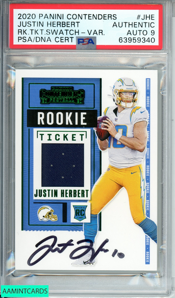 2020 PANINI CONTENDERS JUSTIN HERBERT #JHE RK TKT SWATCH-VAR PSA AUTH AU MINT 9 63959340