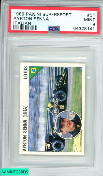 1986 PANINI SUPERSPORT ITALIAN AYRTON SENNA #31 ITALIAN LOTUS PSA 9 MINT 64328141 1986 PANINI SUPERSPORT ITALIAN AYRTON SENNA #31 ITALIAN LOTUS PSA 9 MINT 64328141