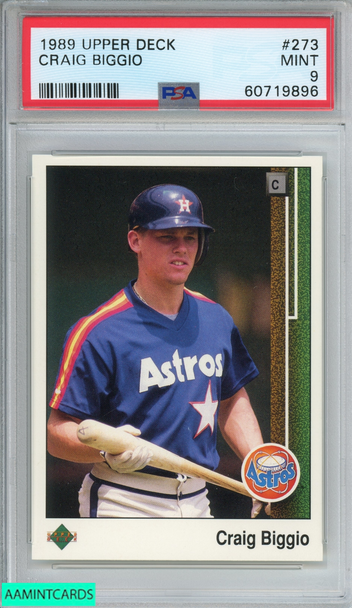 1989 UPPER DECK CRAIG BIGGIO #273 ROOKIE RC HOUSTON ASTROS HOF PSA 9 MINT 60719896 1989 UPPER DECK CRAIG BIGGIO #273 ROOKIE RC HOUSTON ASTROS HOF PSA 9 MINT 60719896