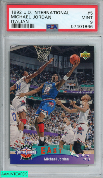 1992 UPPER DECK INTERNATIONAL MICHAEL JORDAN #5 ITALIAN CHICAGO BULLS PSA 9 MINT 57401866 1992 UPPER DECK INTERNATIONAL MICHAEL JORDAN #5 ITALIAN CHICAGO BULLS PSA 9 MINT 57401866