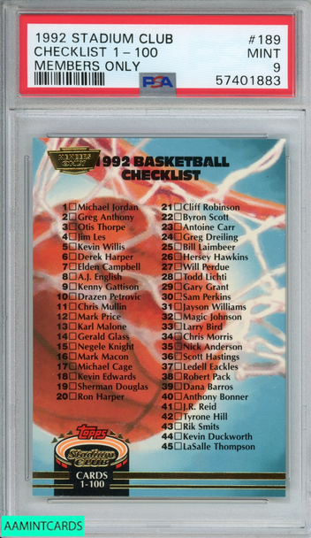 1992 STADIUM CLUB CHECKLIST 1-100 #189 MEMBERS ONLY NBA PSA 9 MINT 57401883