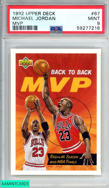 1992 UPPER DECK MICHAEL JORDAN #67 MVP CHICAGO BULLS HOF PSA 9 MINT 59277216 1992 UPPER DECK MICHAEL JORDAN #67 MVP CHICAGO BULLS HOF PSA 9 MINT 59277216