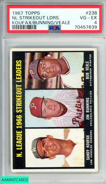1967 TOPPS NL STRIKEOUT LEADERS  #238 KOUFAX BUNNING VEALE HOF PSA 4 VG-EX 70457639 1967 TOPPS NL STRIKEOUT LEADERS  #238 KOUFAX BUNNING VEALE HOF PSA 4 VG-EX 70457639