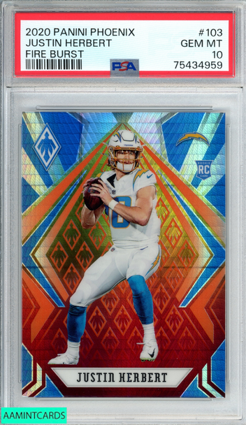 2020 PANINI PHOENIX JUSTIN HERBERT #103 FIRE BURST ROOKIE RC PSA 10 GEM MT 75434959