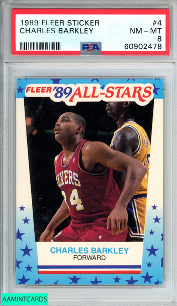 1989 FLEER STICKER CHARLES BARKLEY #4 PHILADELPHIA 76ERS HOF PSA 8 NM-MT 60902478 1989 FLEER STICKER CHARLES BARKLEY #4 PHILADELPHIA 76ERS HOF PSA 8 NM-MT 60902478