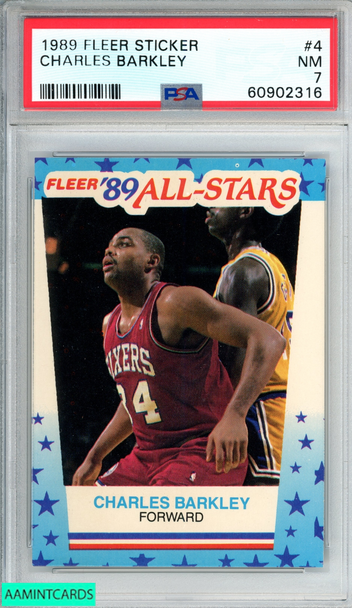 1989 FLEER STICKER CHARLES BARKLEY #4 PHILADELPHIA 76ERS HOF PSA 7 NM 60902316 1989 FLEER STICKER CHARLES BARKLEY #4 PHILADELPHIA 76ERS HOF PSA 7 NM 60902316