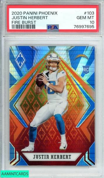 2020 PANINI PHOENIX JUSTIN HERBERT #103 FIRE BURST ROOKIE RC PSA 10 GEM MT 76997695