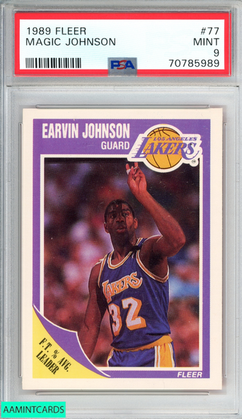 1989 FLEER MAGIC JOHNSON #77 LOS ANGELES LAKERS HOF PSA 9 MINT 70785989 1989 FLEER MAGIC JOHNSON #77 LOS ANGELES LAKERS HOF PSA 9 MINT 70785989