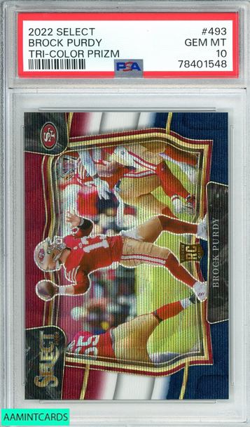 2022 PANINI SELECT BROCK PURDY #493 TRI-COLOR PRIZM 4 OF 75 RC PSA 10 GEM MT 78401548