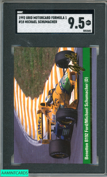 1992 GRID MOTORCARD FORMULA 1 MICHAEL SCHUMACHER #18 ROOKIE RC SGC 9.5 MINT+ 5052682 1992 GRID MOTORCARD FORMULA 1 MICHAEL SCHUMACHER #18 ROOKIE RC SGC 9.5 MINT+ 5052682
