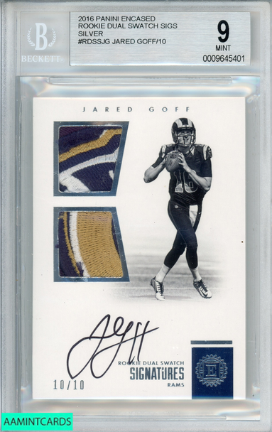 2016 ENCASED ROOKIE DUAL SWATCH SIGS JARED GOFF SILVER 10 OF 10 BGS 9 AUTO 10 0009645401
