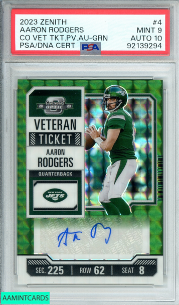 2023 PANINI ZENI AARON RODGERS #4 CONT VET TKT PV AU-GRN 11 OF 23 PSA 9 AU 10 GM 92139294