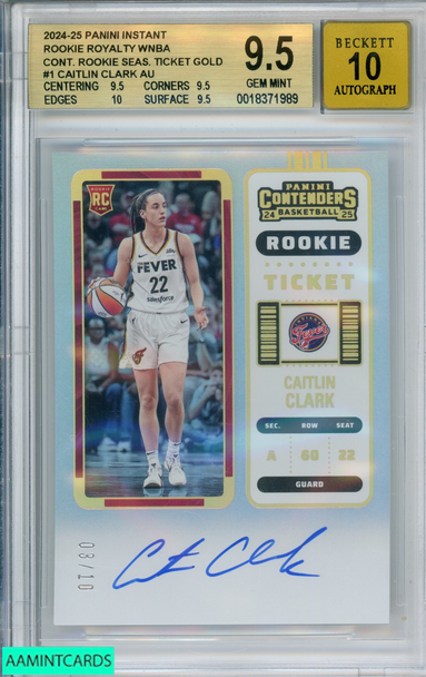 2024 CONTENDERS ROOKIE TICKET AUTO CAITLIN CLARK #1 GOLD 3 OF 10 BGS 9.5 AUTO 10 0018371989 2024 CONTENDERS ROOKIE TICKET AUTO CAITLIN CLARK #1 GOLD 3 OF 10 BGS 9.5 AUTO 10 0018371989