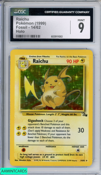 1999 POKEMON FOSSIL RAICHU #14 HOLO CGC 9 MINT 6029111053 1999 POKEMON FOSSIL RAICHU #14 HOLO CGC 9 MINT 6029111053