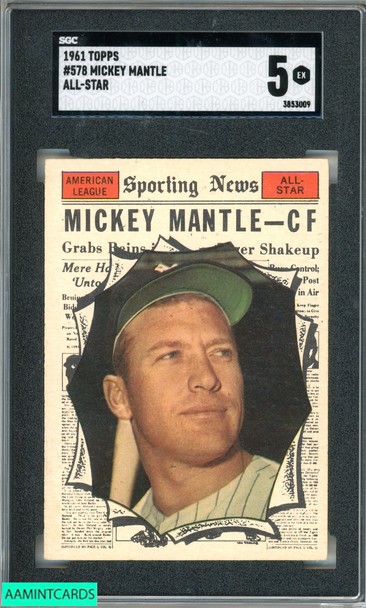 1961 TOPPS MICKEY MANTLE #578 ALL STAR NEW YORK YANKEES HOF SGC 5 EX 3853009 1961 TOPPS MICKEY MANTLE #578 ALL STAR NEW YORK YANKEES HOF SGC 5 EX 3853009