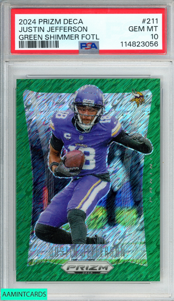 2024 PANINI PRIZM DECA JUSTIN JEFFERSON #211 GREEN SHIMMER FOTL 1 OF 12 PSA 10 114823056