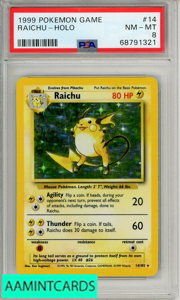 1999 POKEMON GAME RAICHU-HOLO #14 PSA 8 NM-MT 68791321 1999 POKEMON GAME RAICHU-HOLO #14 PSA 8 NM-MT 68791321